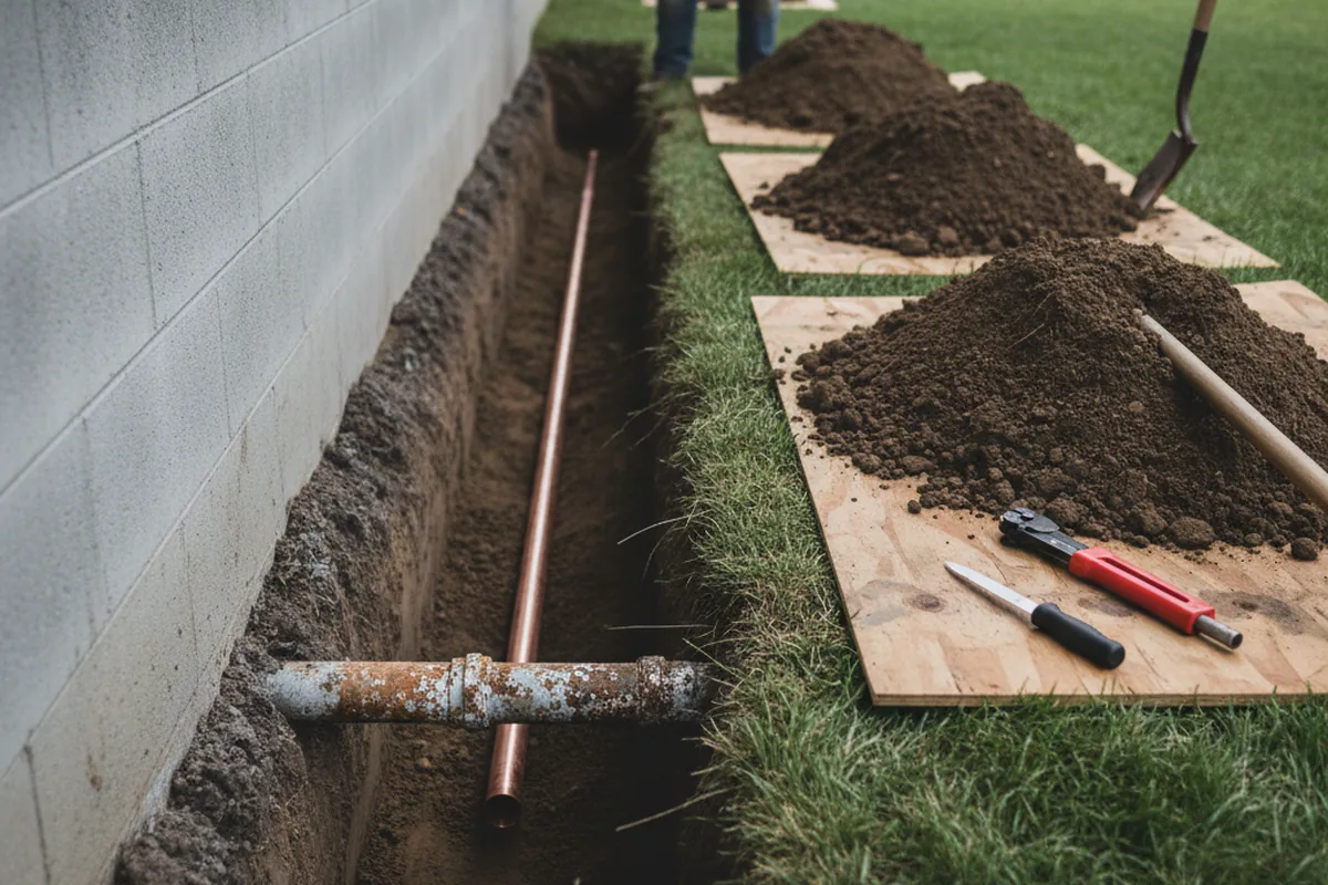 Excavated water line trench during Sewer Line Repair in Dayville